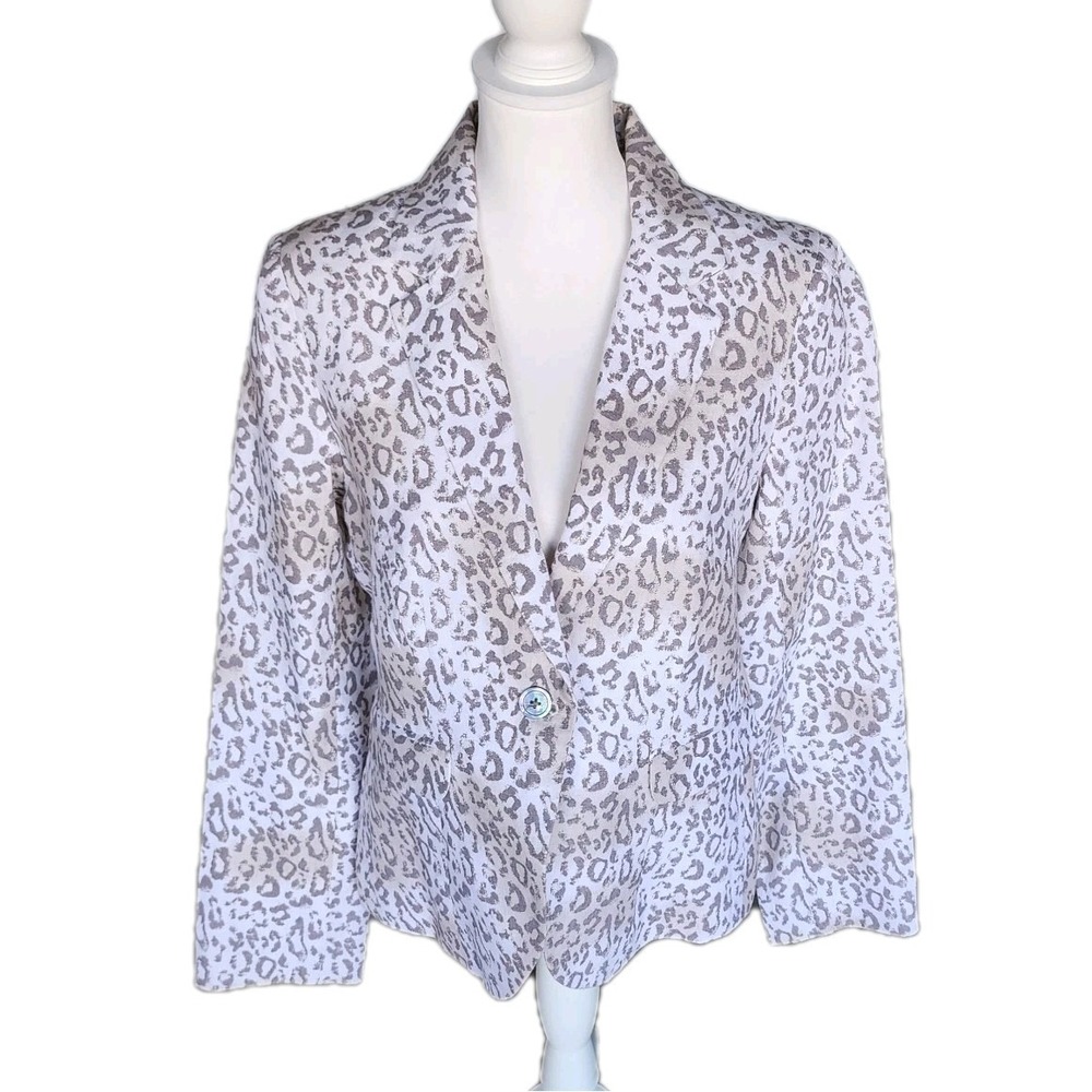 Boston Proper Linen Blazer Jacket Womens‎ 14 Cream Taupe Animal Leopard Casual
